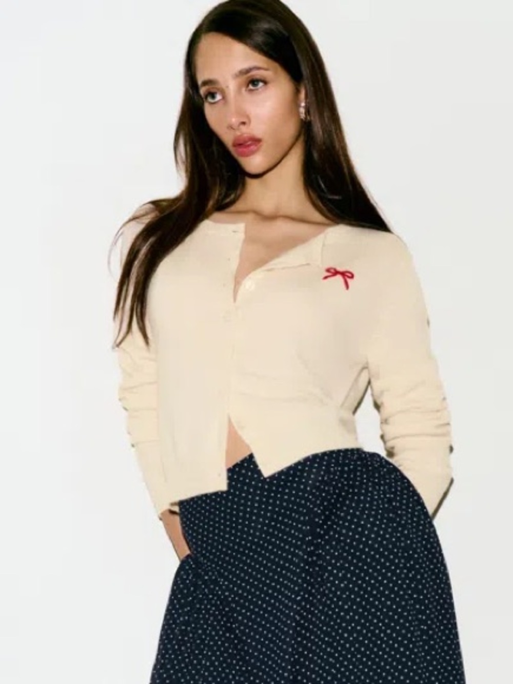 Reformation Clara Cashmere Crew Cardigan with Bow Embroidery